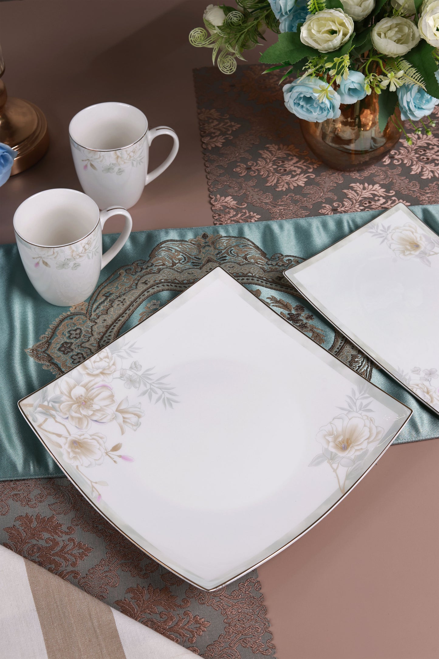 Sage Blume 6 Pcs Coffee & Platter Set (4 Mugs, 1 Square Platter, 1 Snack Platter)