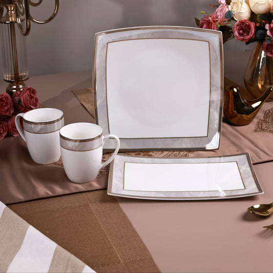 Oyster Pearl 6 Pcs Coffee & Platter Set (4 Mugs, 1 Square Platter, 1 Snack Platter)