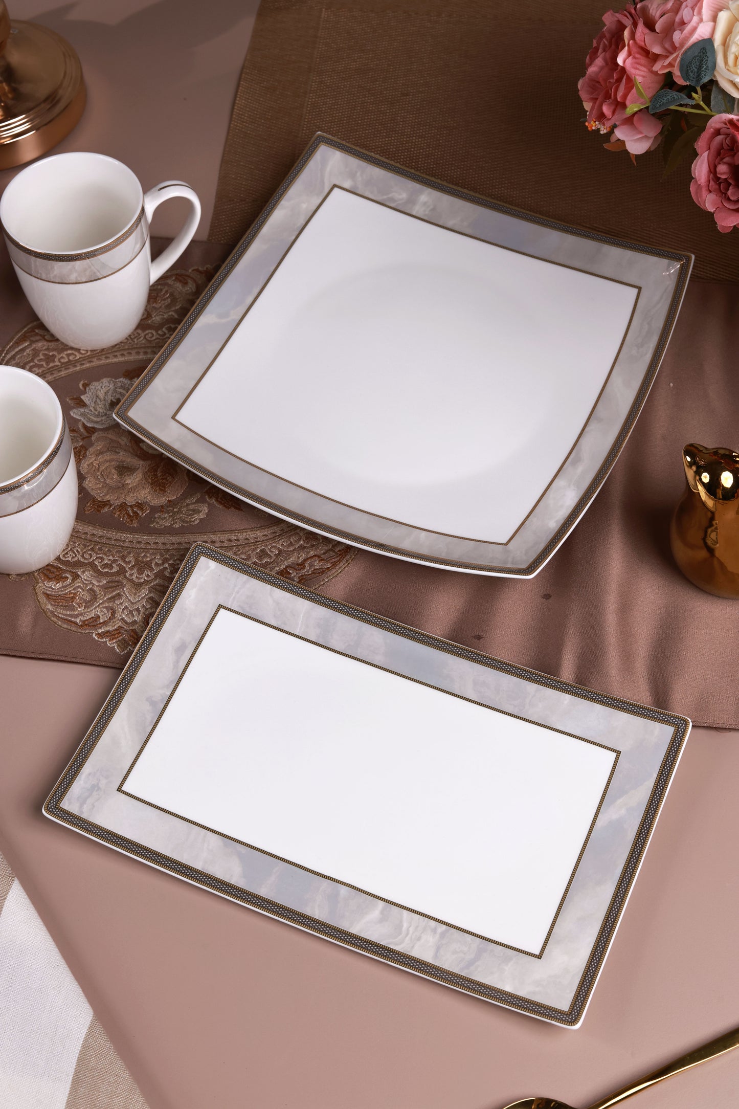 Oyster Pearl 6 Pcs Coffee & Platter Set (4 Mugs, 1 Square Platter, 1 Snack Platter)