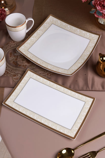Creme Gold 6 Pcs Coffee & Platter Set (4 Mugs, 1 Square Platter, 1 Snack Platter)