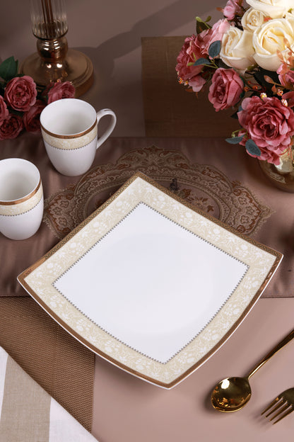 Creme Gold 6 Pcs Coffee & Platter Set (4 Mugs, 1 Square Platter, 1 Snack Platter)
