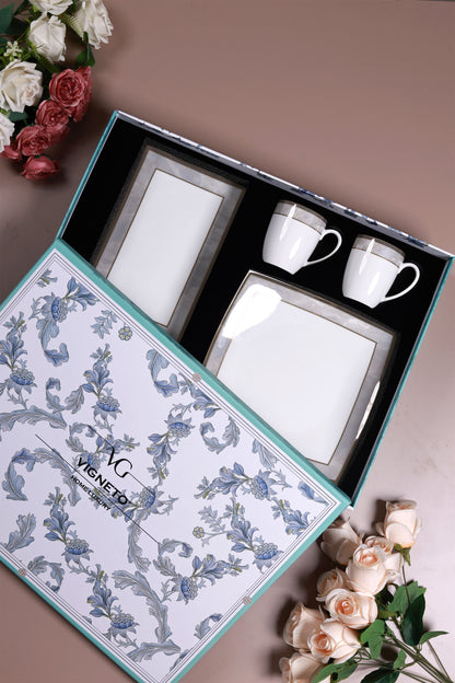 Oyster Pearl 6 Pcs Coffee & Platter Set (4 Mugs, 1 Square Platter, 1 Snack Platter)