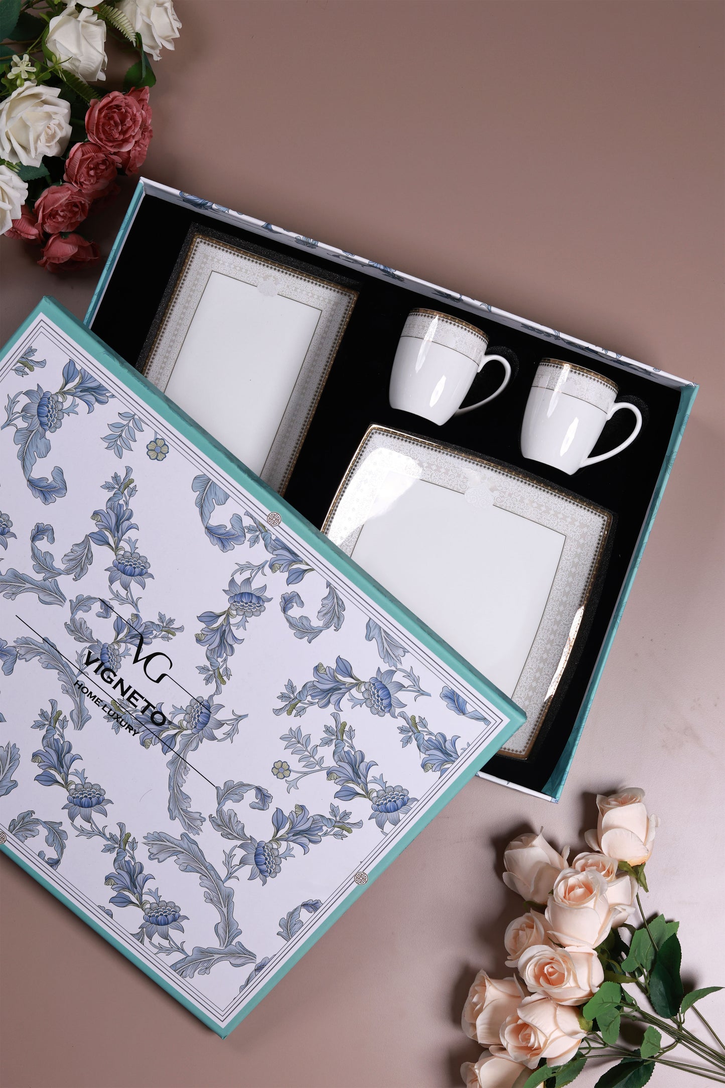 Persian Ivory 6 Pcs Coffee & Platter Set (4 Mugs, 1 Square Platter, 1 Snack Platter)