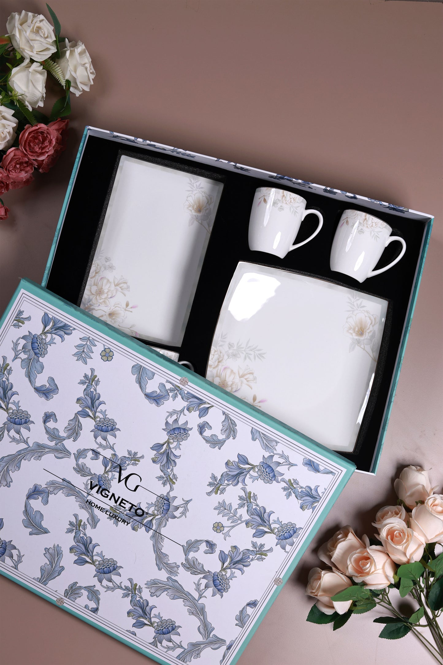 Sage Blume 6 Pcs Coffee & Platter Set (4 Mugs, 1 Square Platter, 1 Snack Platter)