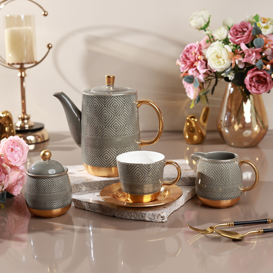 Grey 15 Pcs Tea Set (Metal Collection, 24K Gold)