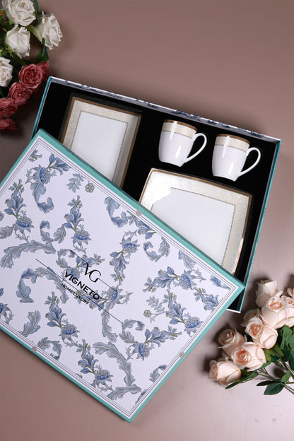 Creme Gold 6 Pcs Coffee & Platter Set (4 Mugs, 1 Square Platter, 1 Snack Platter)