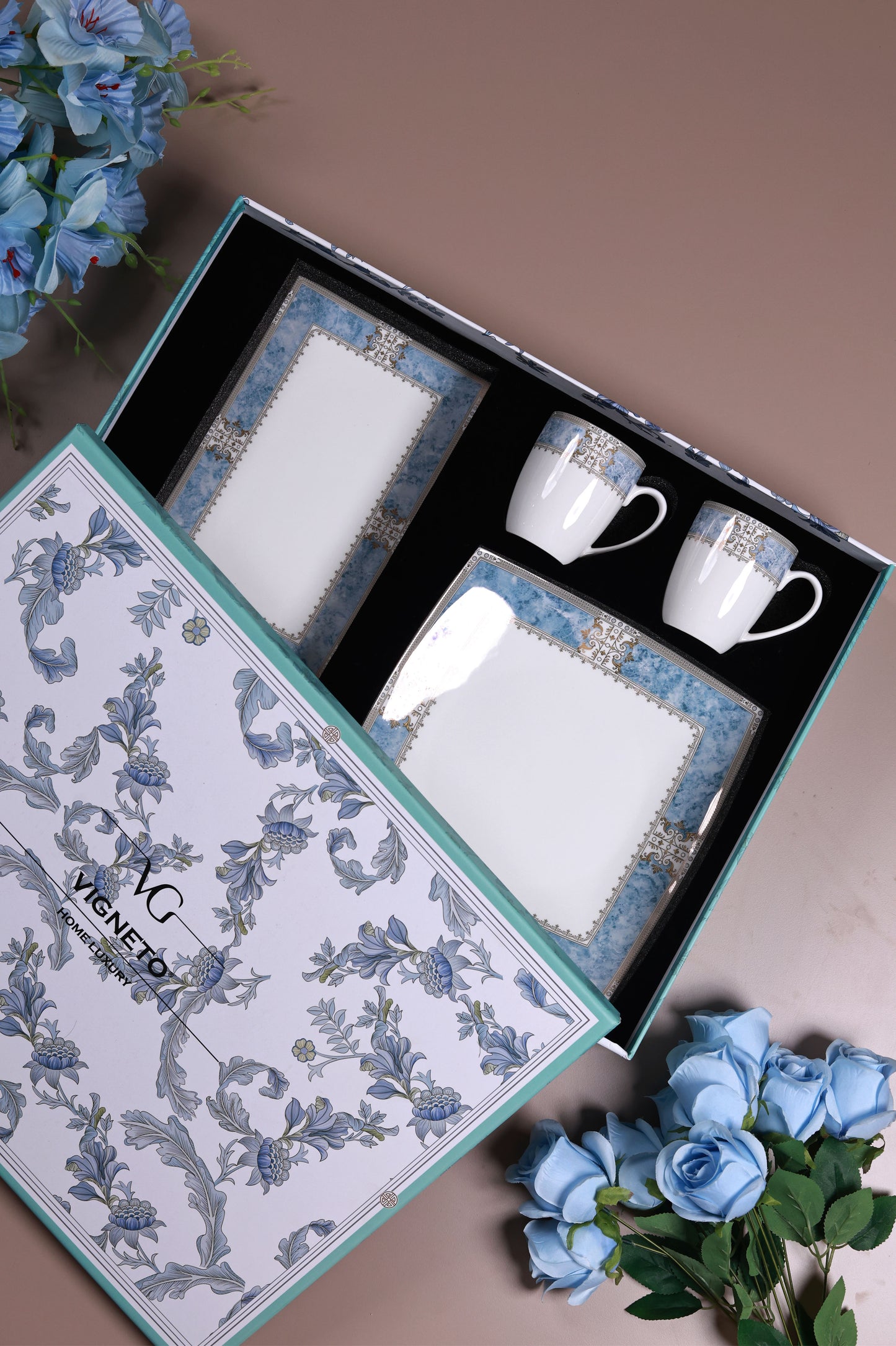 Majestique Blue 6 Pcs Coffee & Platter Set (4 Mugs, 1 Square Platter, 1 Snack Platter)