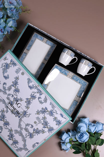 Majestique Blue 6 Pcs Coffee & Platter Set (4 Mugs, 1 Square Platter, 1 Snack Platter)