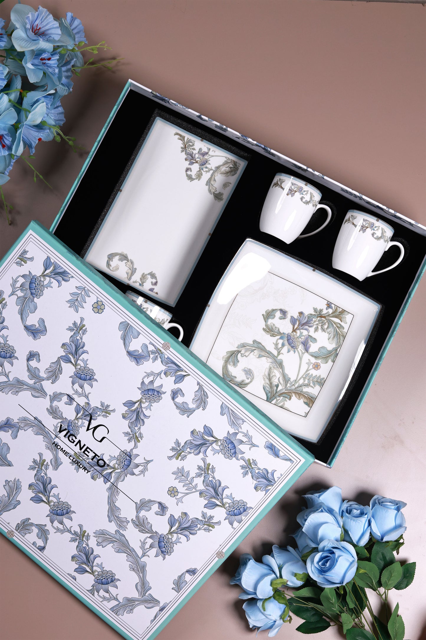 Oriental Blume 6 Pcs Coffee & Platter Set (4 Mugs, 1 Square Platter, 1 Snack Platter)