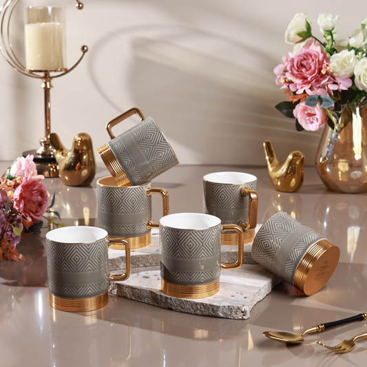 Grey Set of 6 Mugs (Metal Collection, 24K Gold, 180 ML)