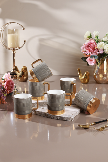 Grey Set of 6 Mugs (Metal Collection, 24K Gold, 180 ML)