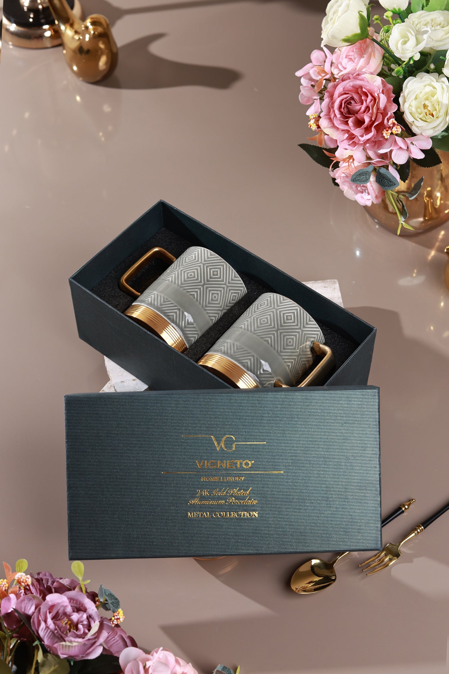 Grey Set of 2 Coffee Mugs (Metal Collection, 24K Gold, 300 ML)