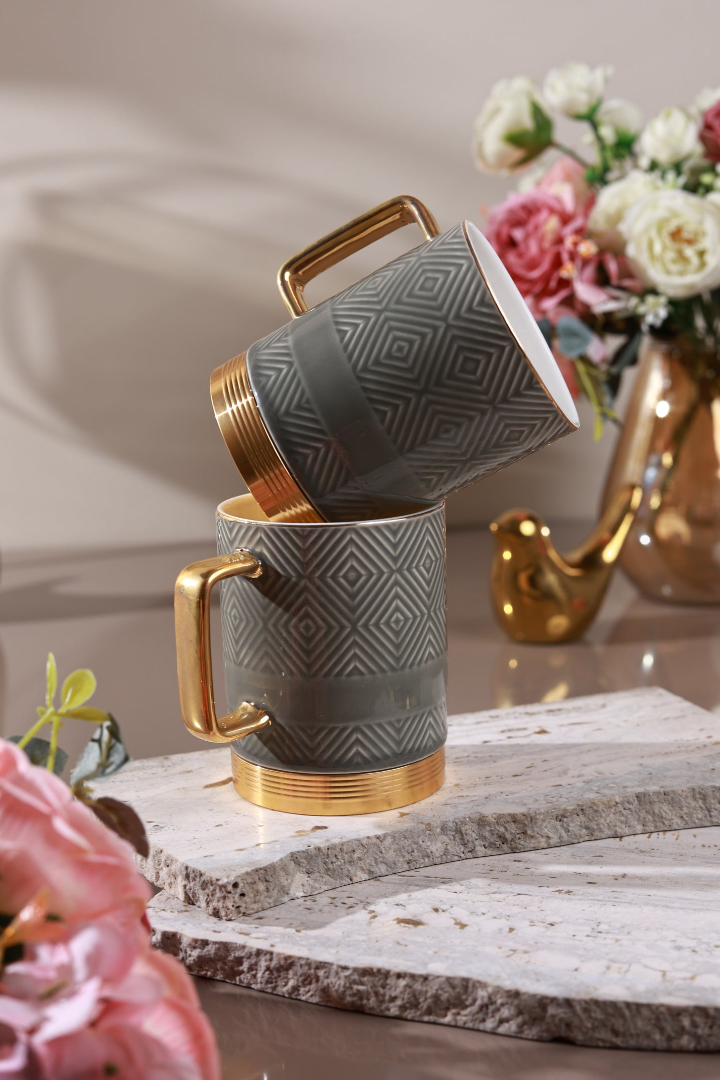 Grey Set of 2 Coffee Mugs (Metal Collection, 24K Gold, 300 ML)