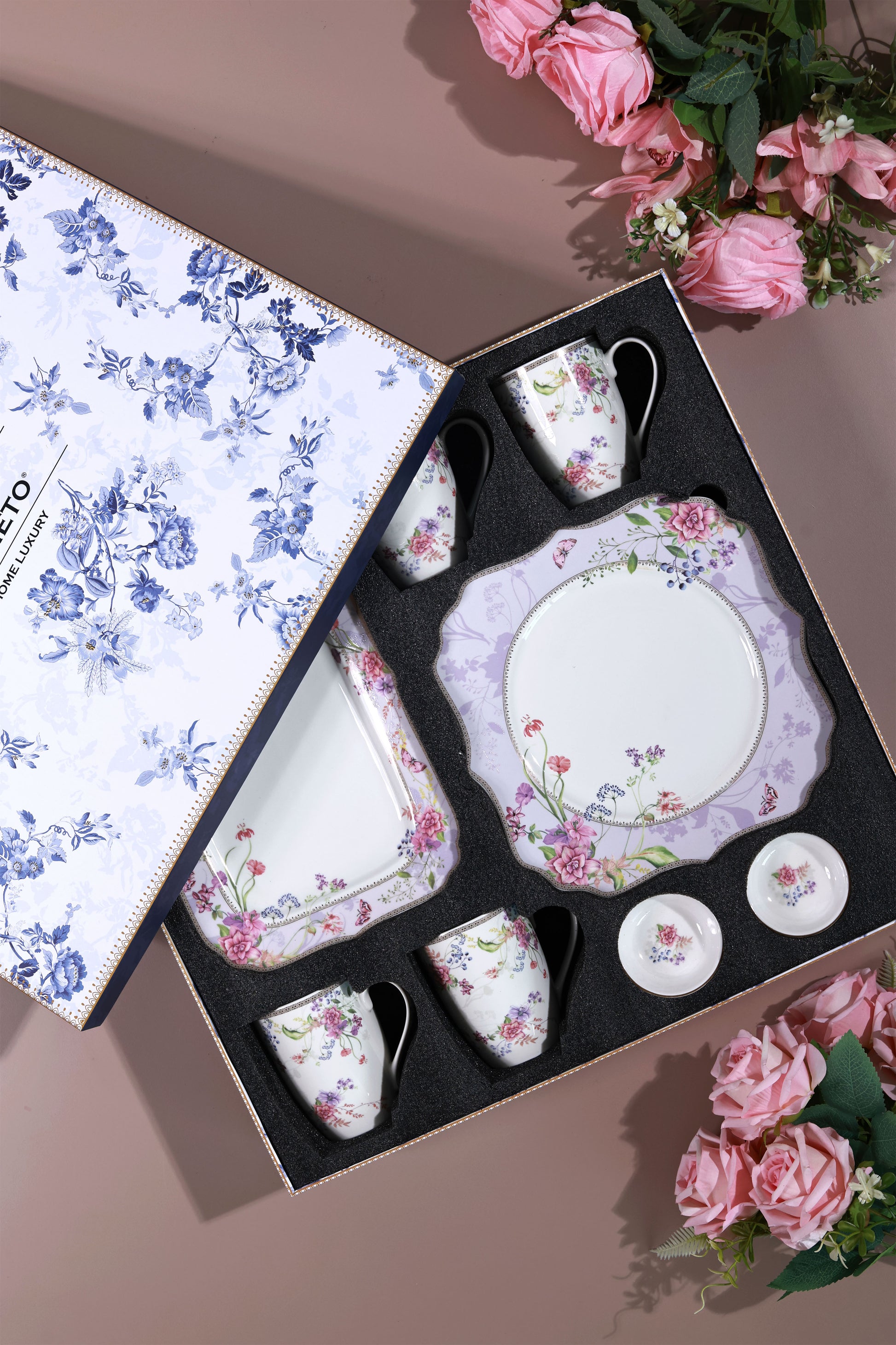 Lilac Garden 8 Pcs Coffee & Platter Set (4 Mugs, 1 Square Platter, 1 Snack Platter, 2 Dip Bowls) - Vigneto