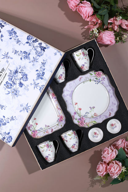 Lilac Garden 8 Pcs Coffee & Platter Set (4 Mugs, 1 Square Platter, 1 Snack Platter, 2 Dip Bowls) - Vigneto