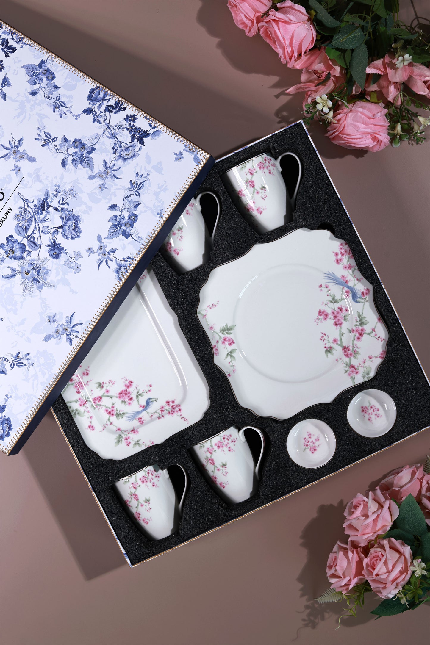 Orchid Bliss 8 Pcs Coffee & Platter Set (4 Mugs, 1 Square Platter, 1 Snack Platter, 2 Dip Bowls)