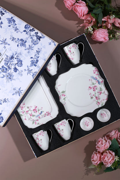 Orchid Bliss 8 Pcs Coffee & Platter Set (4 Mugs, 1 Square Platter, 1 Snack Platter, 2 Dip Bowls)