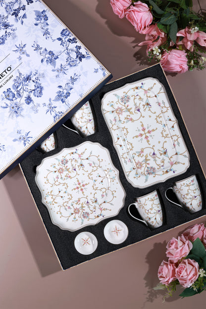 White Pattern 8 Pcs Coffee & Platter Set (4 Mugs, 1 Square Platter, 1 Snack Platter, 2 Dip Bowls)