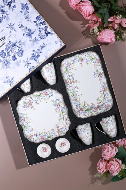 Flower Bed 8 Pcs Coffee & Platter Set (4 Mugs, 1 Square Platter, 1 Snack Platter, 2 Dip Bowls)
