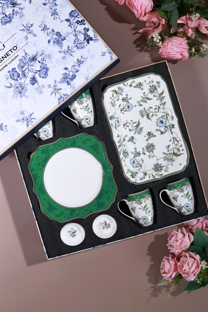 Tudor Green 8 Pcs Coffee & Platter Set (4 Mugs, 1 Square Platter, 1 Snack Platter, 2 Dip Bowls) - Vigneto