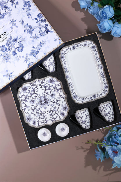 Royal Blue 8 Pcs Coffee & Platter Set (4 Mugs, 1 Square Platter, 1 Snack Platter, 2 Dip Bowls)