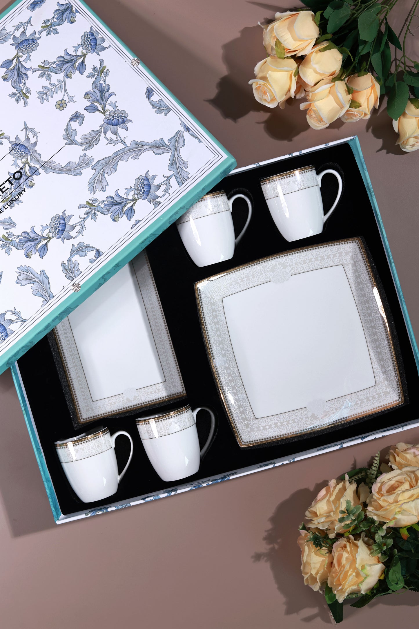 Persian Ivory 6 Pcs Coffee & Platter Set (4 Mugs, 1 Square Platter, 1 Snack Platter)