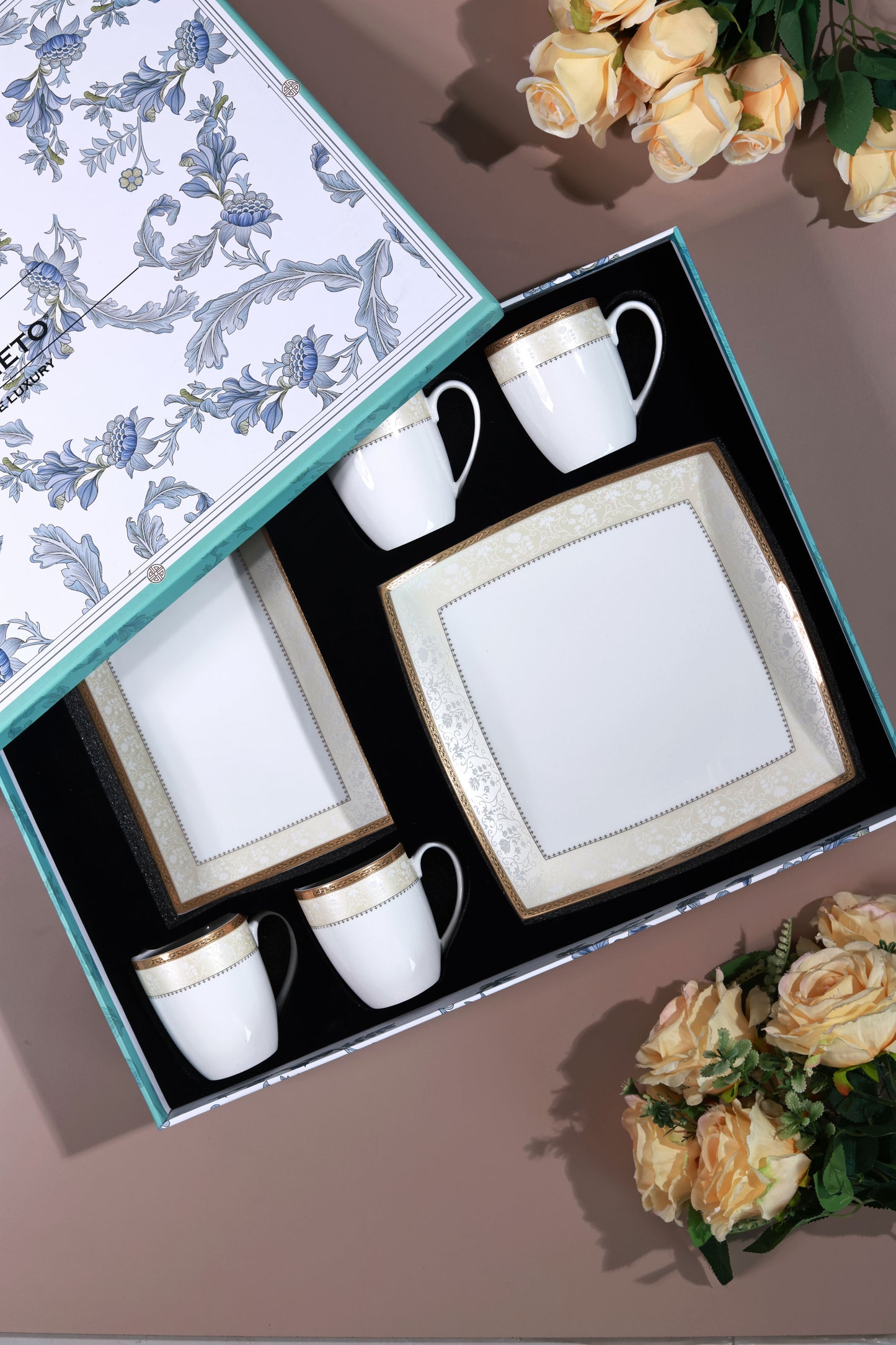Crème Gold 6 Pcs Coffee & Platter Set (4 Mugs, 1 Square Platter, 1 Snack Platter)