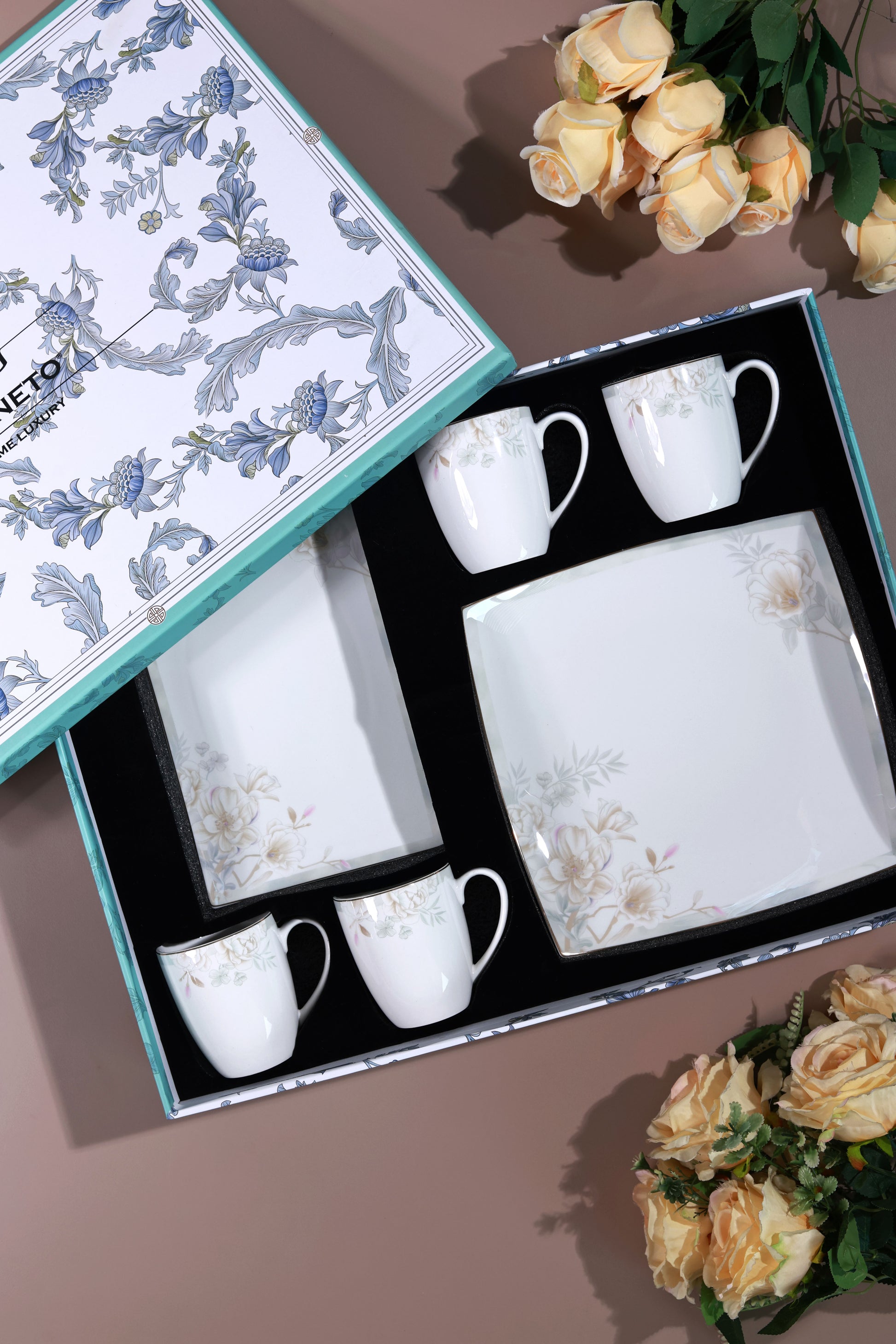 Sage Blume 6 Pcs Coffee & Platter Set (4 Mugs, 1 Square Platter, 1 Snack Platter) - Vigneto