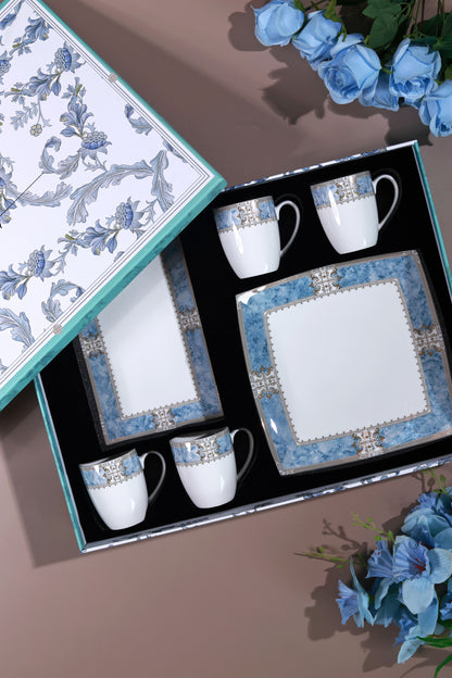 Majestique Blue 6 Pcs Coffee & Platter Set (4 Mugs, 1 Square Platter, 1 Snack Platter) - Vigneto