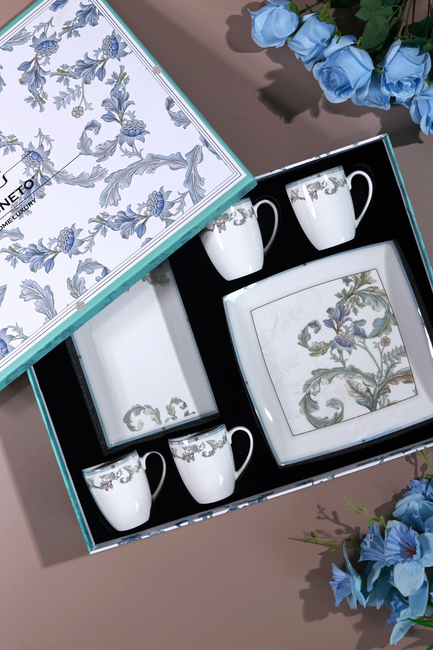 Oriental Blume 6 Pcs Coffee & Platter Set (4 Mugs, 1 Square Platter, 1 Snack Platter) - Vigneto