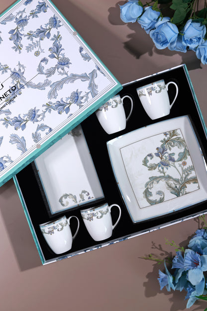 Oriental Blume 6 Pcs Coffee & Platter Set (4 Mugs, 1 Square Platter, 1 Snack Platter) - Vigneto