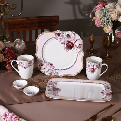 Rose Garden 8 Pcs Coffee & Platter Set (4 Mugs, 1 Square Platter, 1 Snack Platter, 2 Dip Bowls)