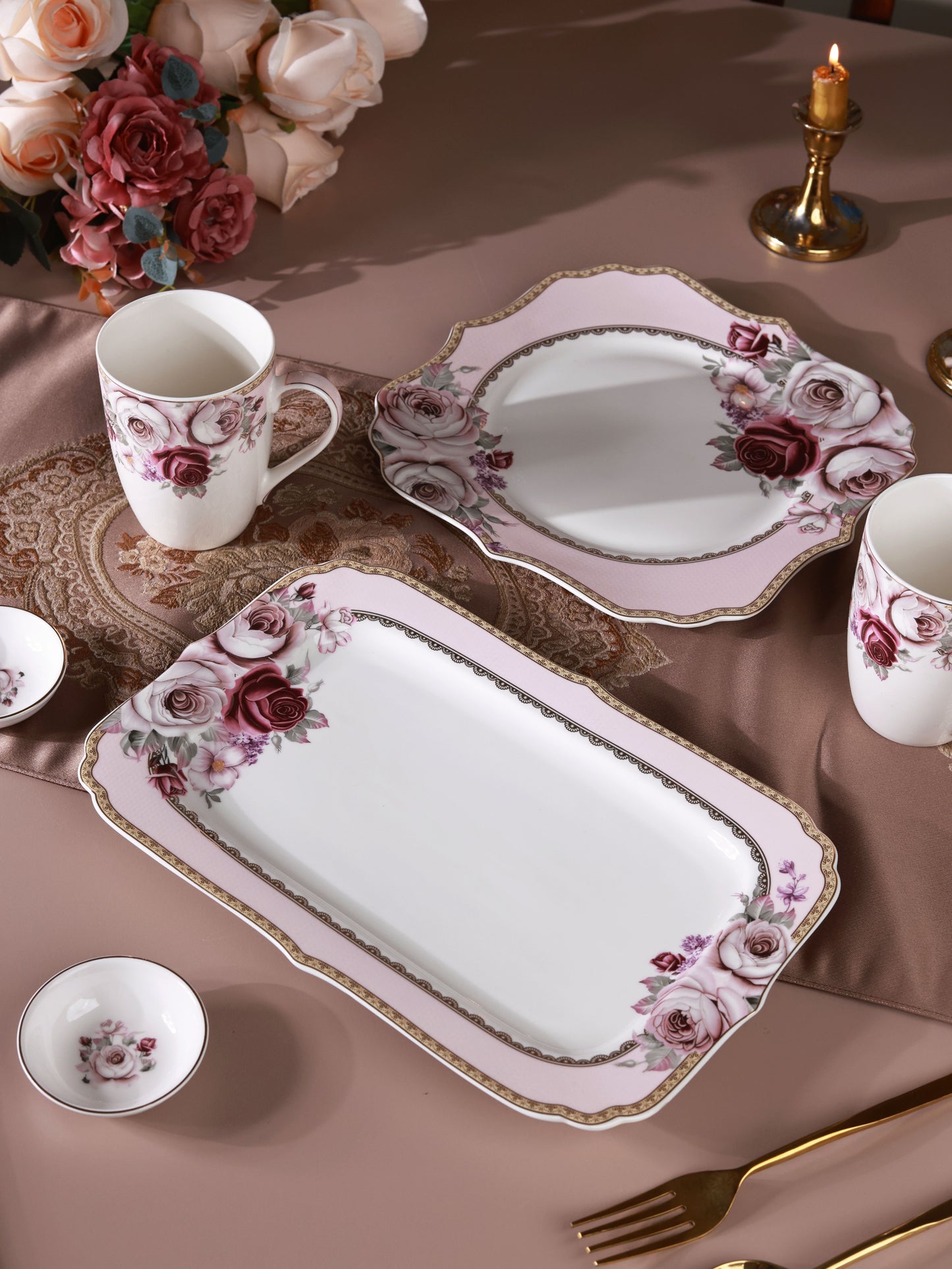 Rose Garden 8 Pcs Coffee & Platter Set (4 Mugs, 1 Square Platter, 1 Snack Platter, 2 Dip Bowls)