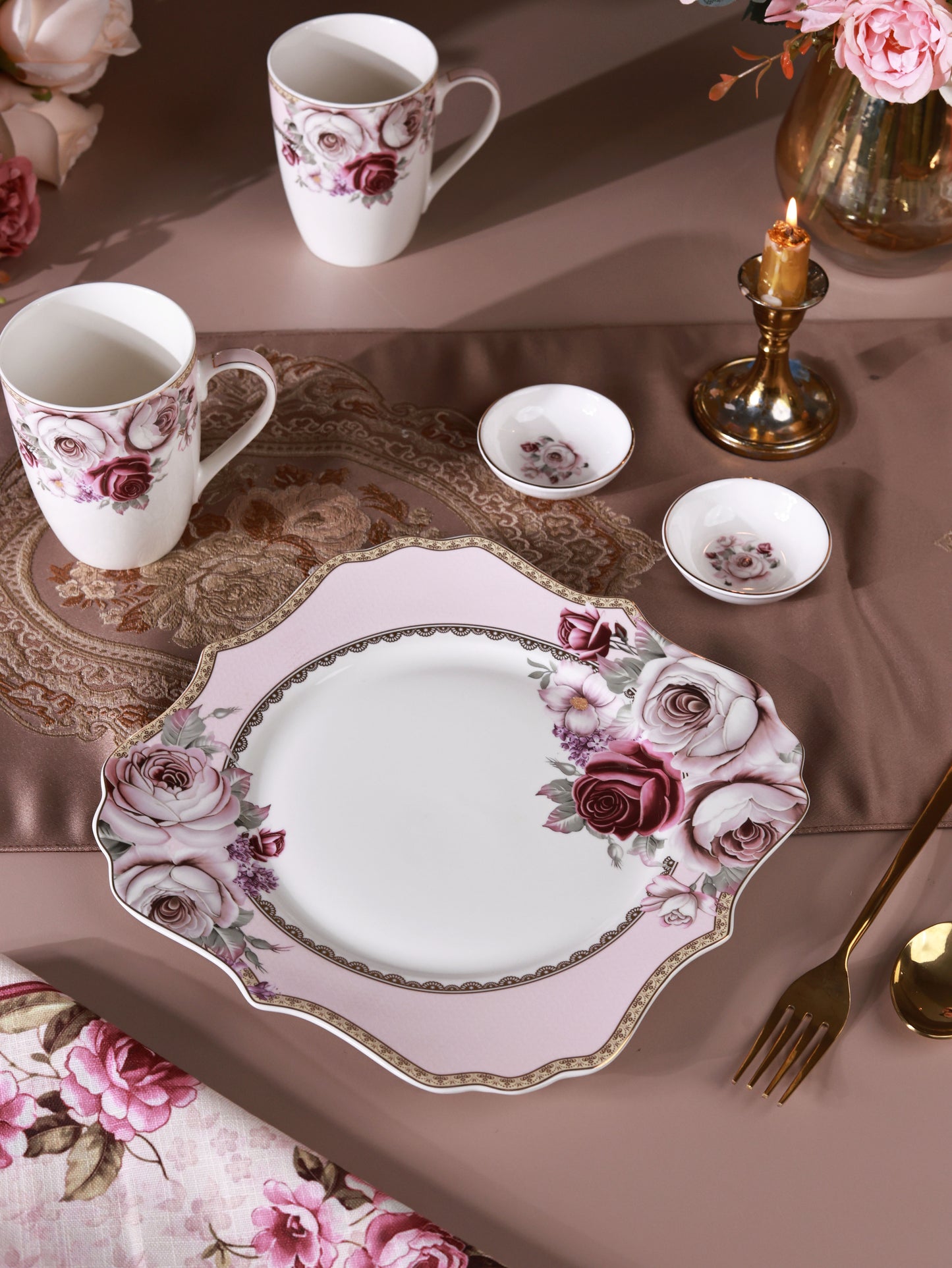 Rose Garden 8 Pcs Coffee & Platter Set (4 Mugs, 1 Square Platter, 1 Snack Platter, 2 Dip Bowls)