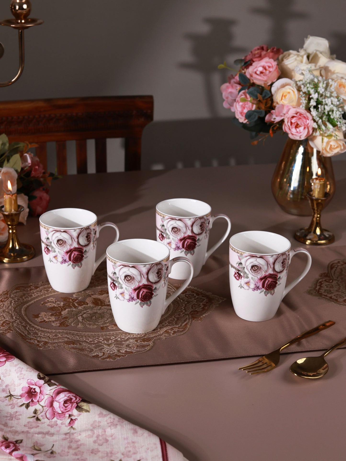 Rose Garden 8 Pcs Coffee & Platter Set (4 Mugs, 1 Square Platter, 1 Snack Platter, 2 Dip Bowls)