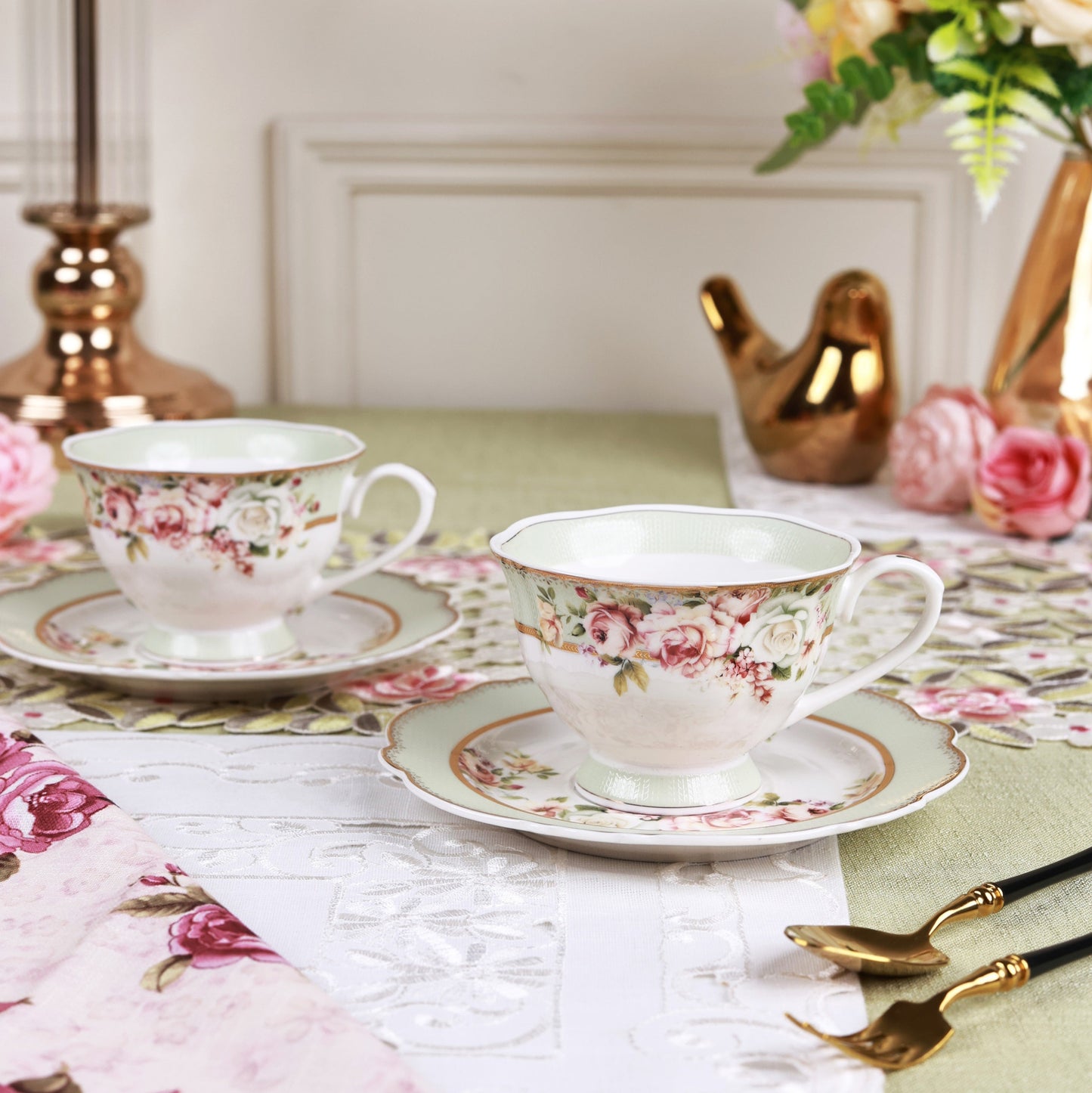 Pistachio Green Cup and Saucer Set (Vintage Collection, 6 Cups and 6 Saucers)