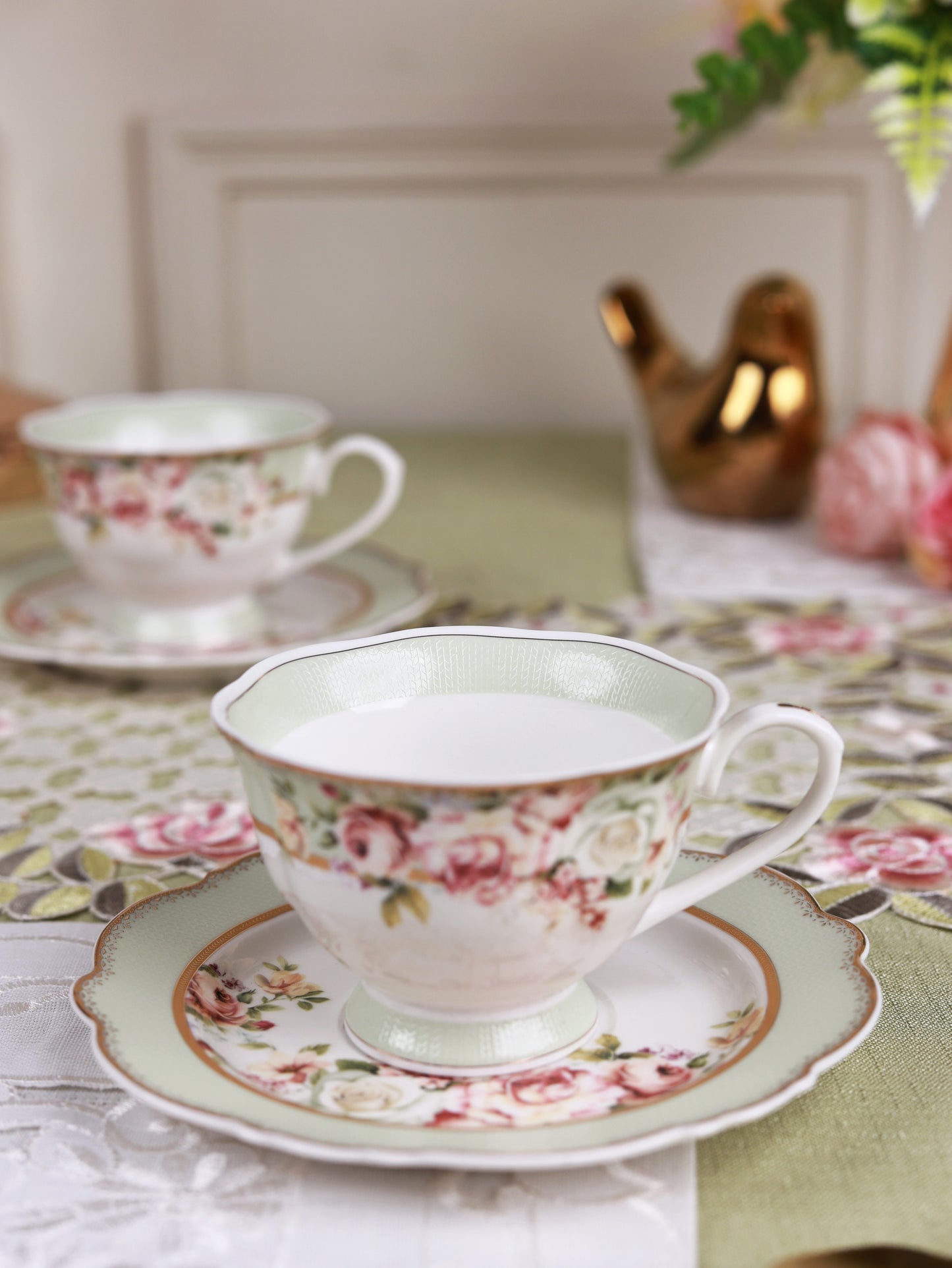 Pistachio Green Cup and Saucer Set (Vintage Collection, 6 Cups and 6 Saucers)