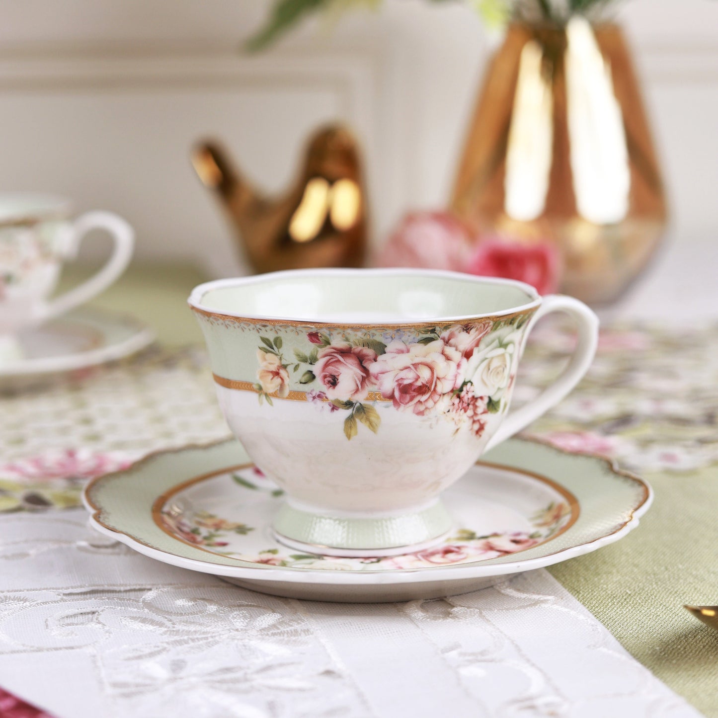 Pistachio Green Cup and Saucer Set (Vintage Collection, 6 Cups and 6 Saucers)