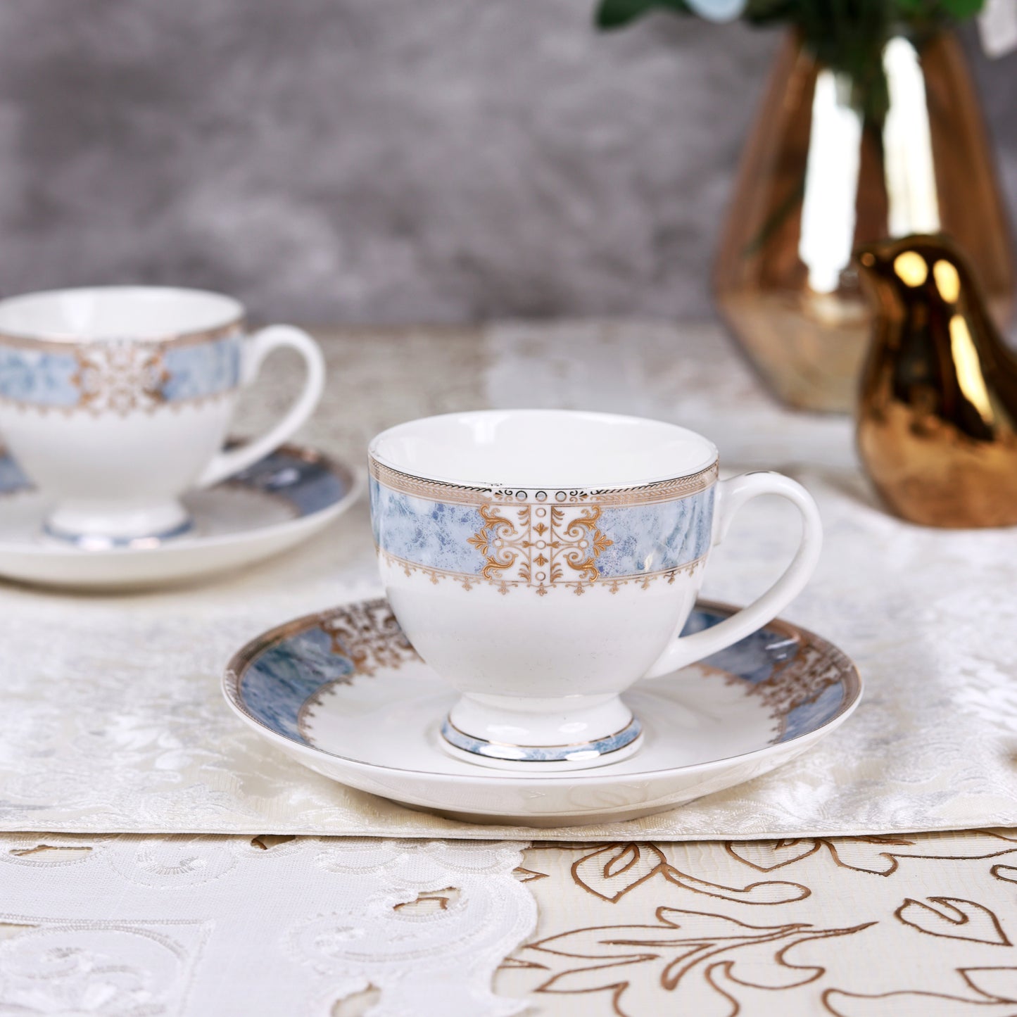 Majestique Blue Cup and Saucer Set (6 Cups and 6 Saucers)