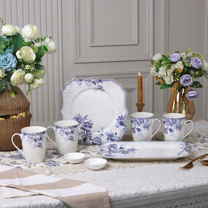 Jardin de Jouy 8 Pcs Coffee & Platter Set (4 Mugs, 1 Square Platter, 1 Snack Platter, 2 Dip Bowls) - Vigneto