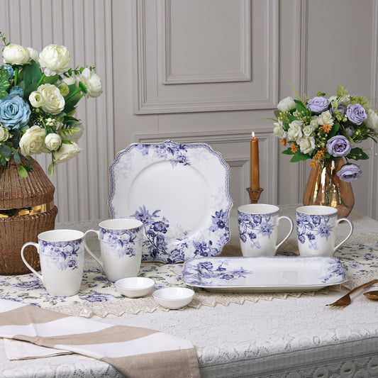Jardin de Jouy 8 Pcs Coffee & Platter Set (4 Mugs, 1 Square Platter, 1 Snack Platter, 2 Dip Bowls) - Vigneto