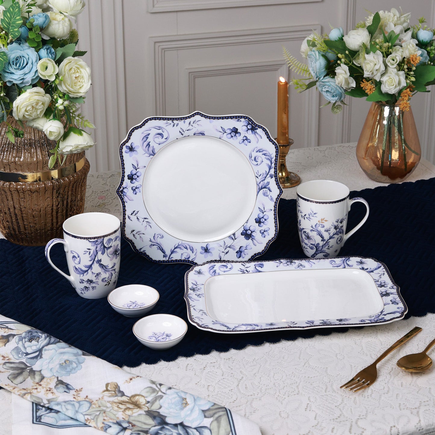 Midnight Blue 8 Pcs Coffee & Platter Set (4 Mugs, 1 Square Platter, 1 Snack Platter, 2 Dip Bowls)