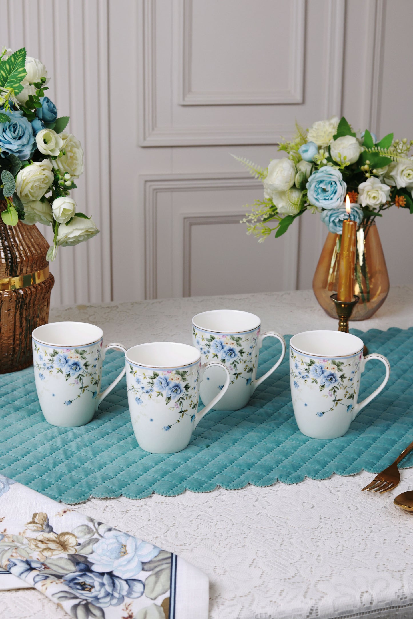 Yorkshire Bloom 8 Pcs Coffee & Platter Set (4 Mugs, 1 Square Platter, 1 Snack Platter, 2 Dip Bowls)