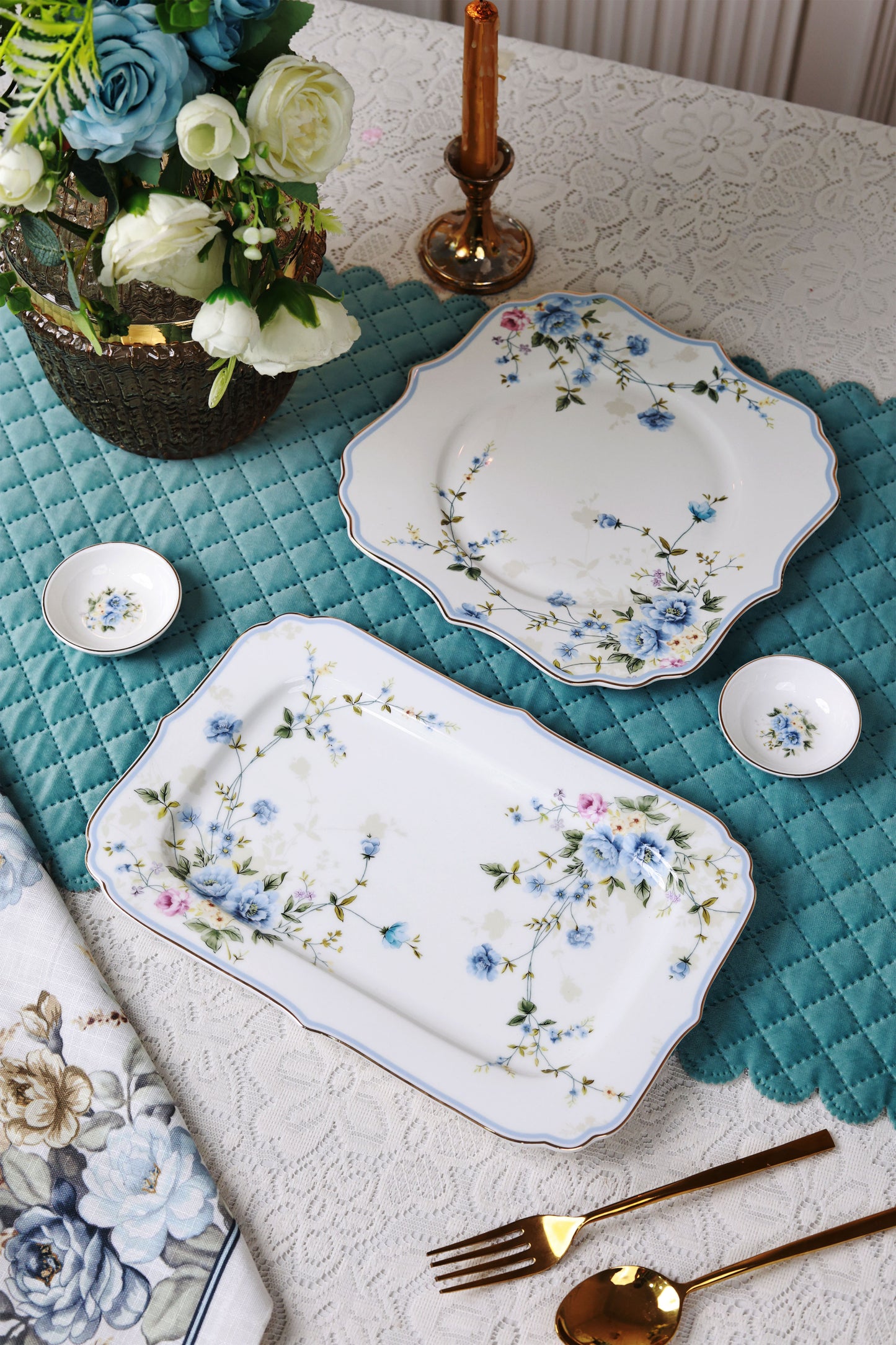 Yorkshire Bloom 8 Pcs Coffee & Platter Set (4 Mugs, 1 Square Platter, 1 Snack Platter, 2 Dip Bowls)