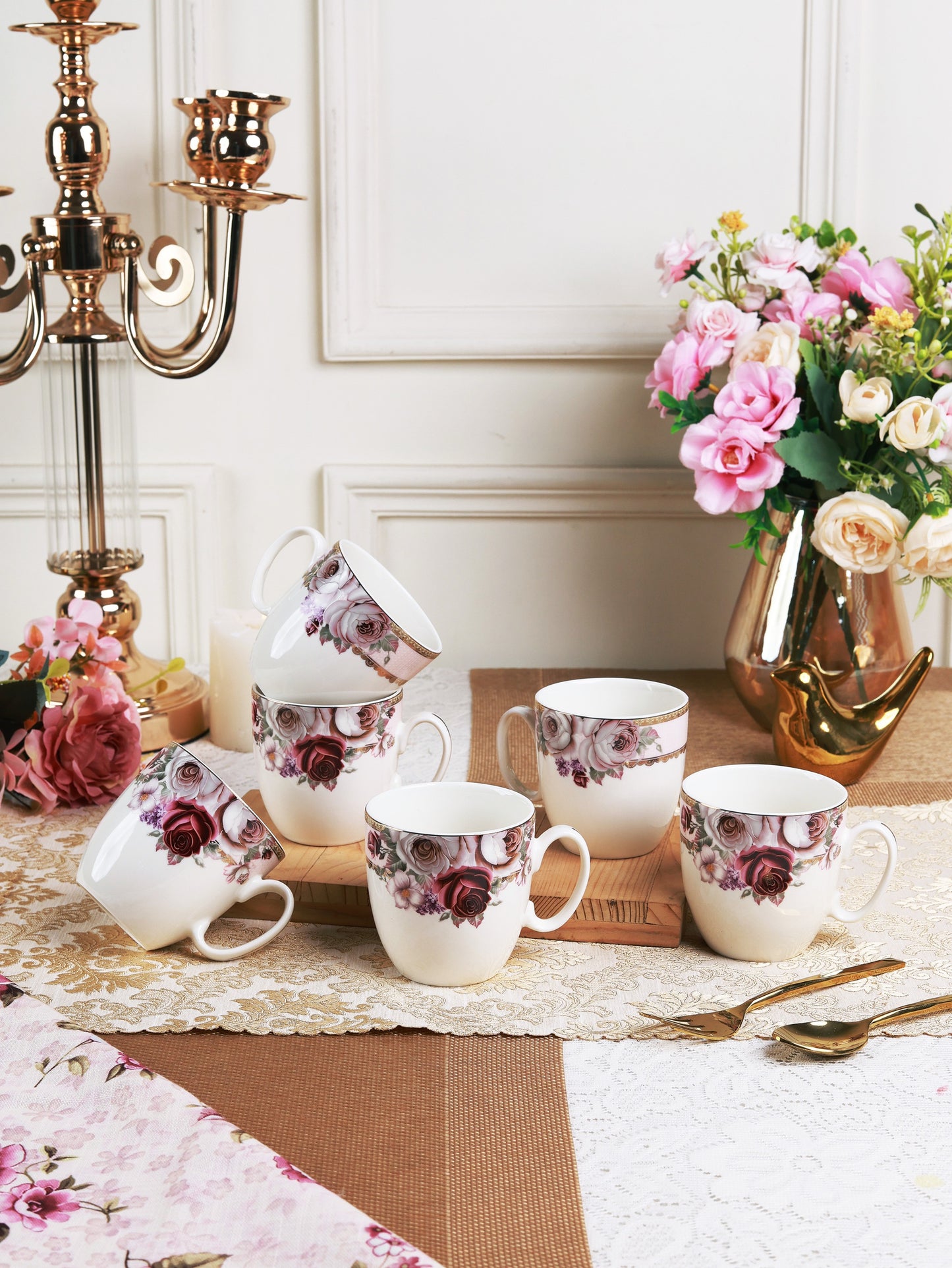 Rose Garden Mug Set (Capacity 200 ML, Set of 6)