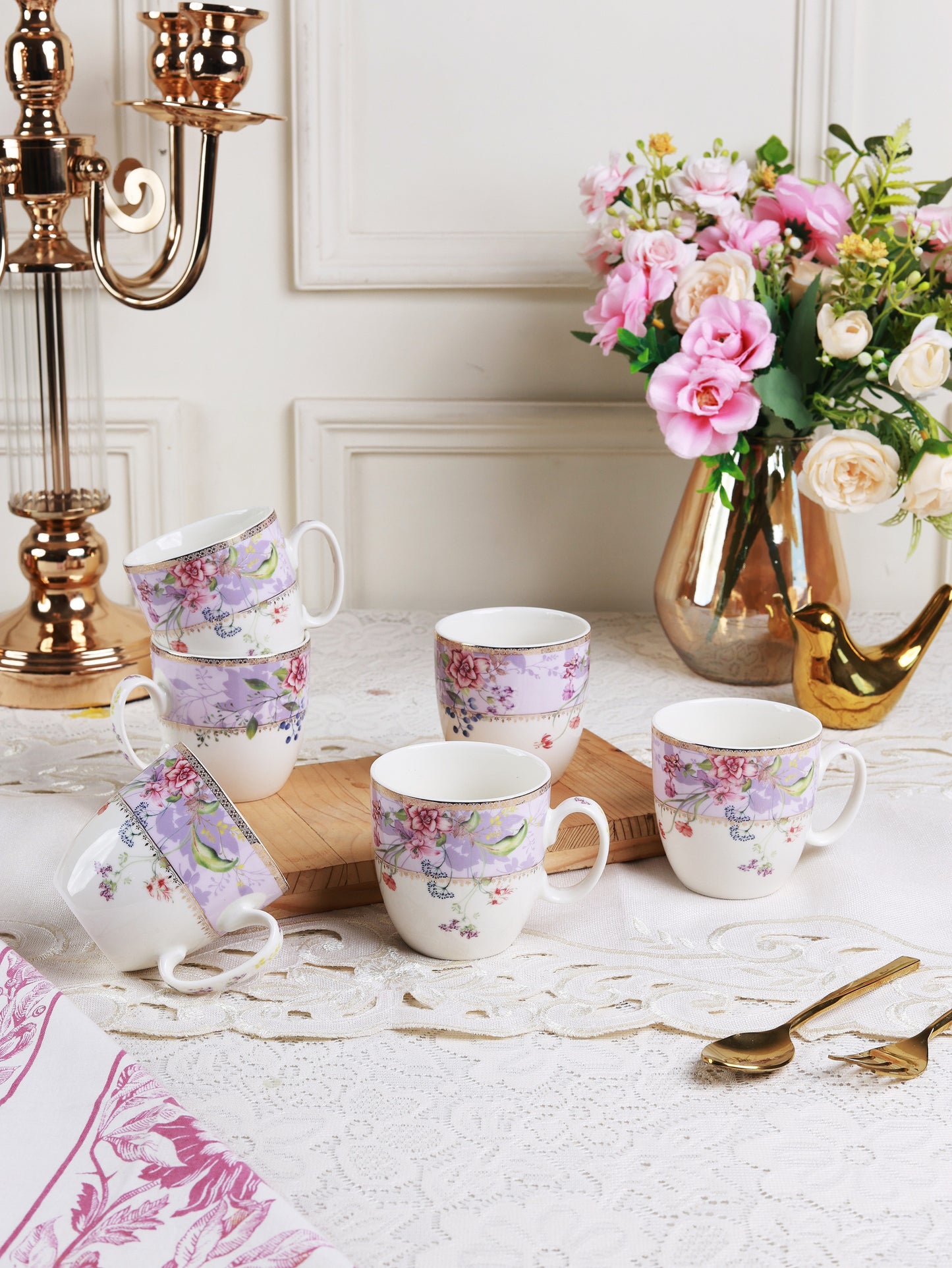 Lilac Garden Mug Set (Capacity 200 ML, Set of 6)