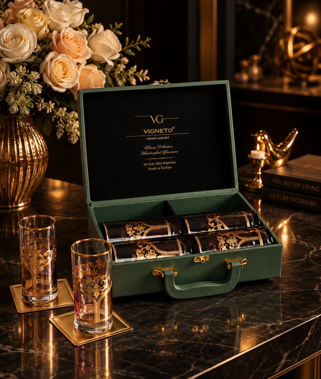 Bellecour Gold 6 Pcs Water Glasses (Palace Collection, 24K Gold Etched) - Vigneto