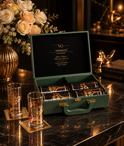 Bellecour Gold 6 Pcs Water Glasses (Palace Collection, 24K Gold Etched) - Vigneto