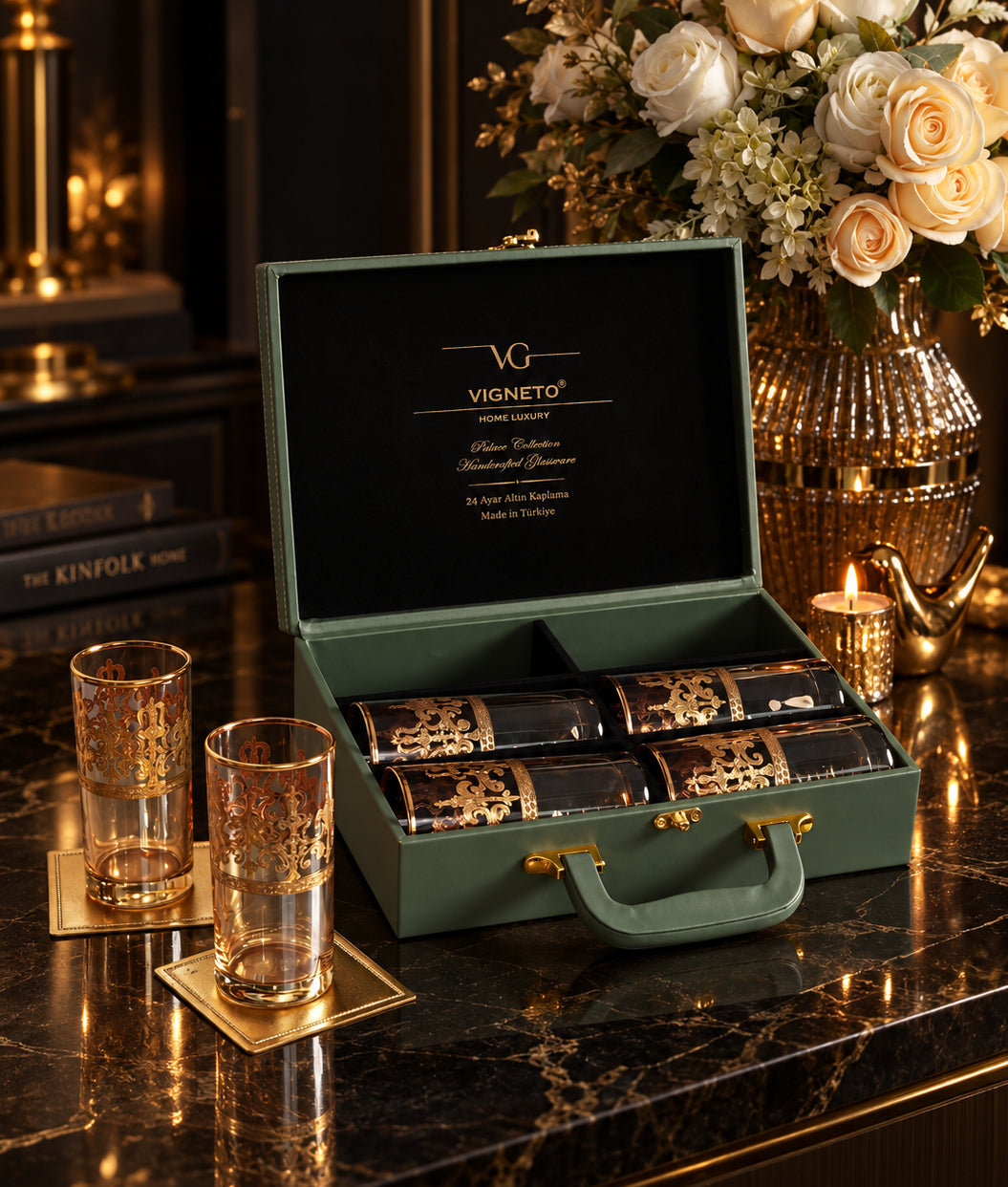 Gilded Amber 6 Pcs Water Glasses (Palace Collection, 24K Gold Etched) - Vigneto