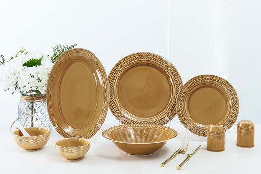 Brown Emboss 35 Pcs Dinner Set (Colour Glaze Collection)